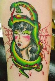 Slang en meisje spinnenweb hand getekende stijl tattoo patroon