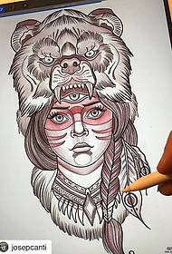 Manuscrito de patrón de tatuaje de cabeza de oso y niña india europea y americana