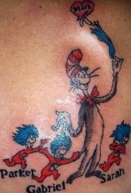 Cartoon Kaz an Hutt mat Bréif Tattoo Muster