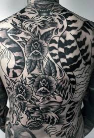 old school full back black and white tiger rose Tattoo pattern