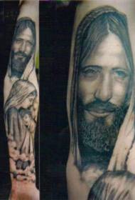 Braço realista jesus com padrão de tatuagem de crianças