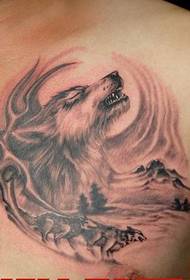 Good-looking handsome chest wolf head tattoo pattern