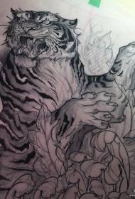Traditional Tiger Flower Black Gray Tattoo Manuscript