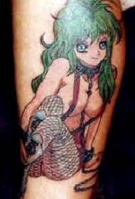 Ankle Asian girl tattoo pattern with calf green hair