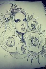 Manoscritto del modello del tatuaggio della rosa del cranio della ragazza della scuola europea e americana