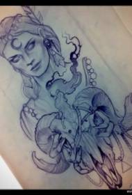 Eiropas un Amerikas skolu galvaskausa aitu meitenes tetovējums tetovējums manuskripts