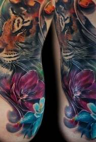 v páse realistické farebné tigrie a kvetinové tetovanie