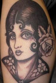 Ou skool swartgrys handgetekende meisieportret tattoo patroon