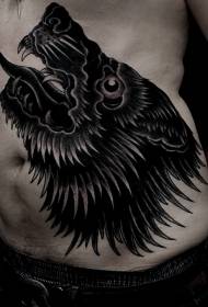 Black wolf head abdomen large area tattoo pattern