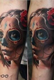 Artic realistic death girl and red flower tattoo pattern