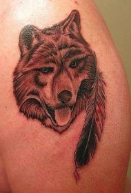 Big arm funny wolf head feather tattoo pattern