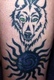Green-eyed wolf and deep blue sun tattoo pattern