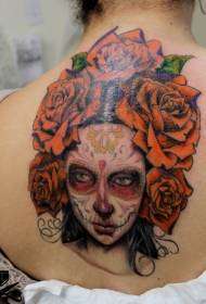 zadní barva mexická lebka dívka s růžovým tetováním