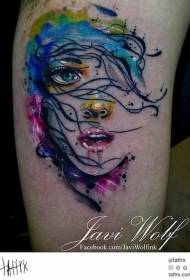 Patrón de tatuaxe de retrato de nena de brazo de cor de auga
