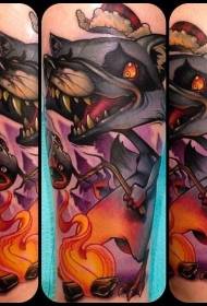 Cartoon styl kleurvolle snaakse wolf met vlam tatoo patroon
