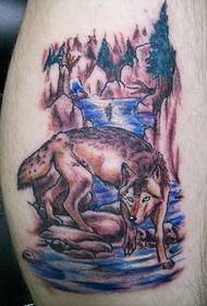 Mountain colored wolf tattoo pattern