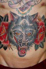 Lupo di pancia colorato stile vecchia scuola con tatuaggio rosa