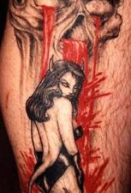 Lábszínű ördög lány koponya és vér tetoválás