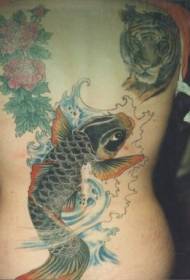 Back Realistic Koi Fish and Flower Tiger Tattoo Pattern