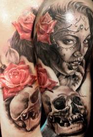 Death girl red rose and skull tattoo pattern