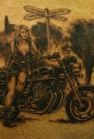 Patrón de tatuaje de chica de motocicleta en la encrucijada