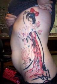 Cute watercolor chinese girl lotus tattoo pattern