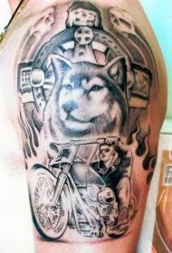 Motocicleta cu cap mare de lup și model de tatuaj cu flacără