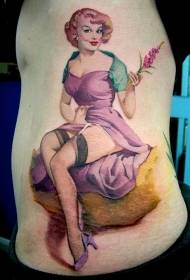 Modèle de tatouage de fille de fleur vintage couleur à la taille côté européen et américain