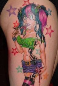 Leg color new school girl tattoo pattern