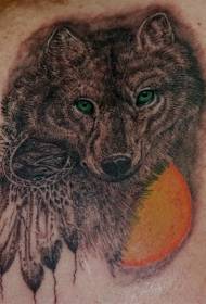 Back colored wolf portrait with sun tattoo pattern