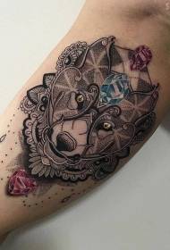 Velký paže bodnutí barevný vlk s diamantové tetování vzorem