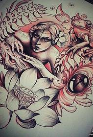 Europese en Amerikaanse meisie lotus kikker plant tattoo patroon manuskrip