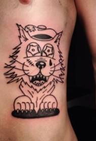 Boys side waist on black simple line creative cartoon small animal wolf tattoo picture
