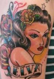 Ragazza di colore tradizionale in stile gamba e tatuaggio inglese