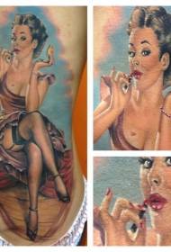 European and American retro red lipstick girl tattoo pattern