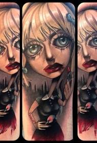 Цртан филм во боја на рамената, страшно девојче портрет шема на тетоважа