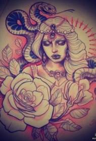 欧美school蛇女郎玫瑰纹身图案手稿