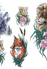 Patrón de tatuaje animal: Patrón de tatuaje de lobo león leopardo zorro