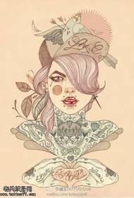 Color girl swallow tattoo manuscript pattern