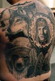 Testa di orso di lupu à tornu à u tatuu di ritrattu indianu