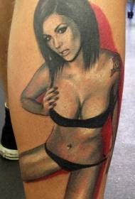 Sexy girl portrait tattoo pattern on calf black lingerie