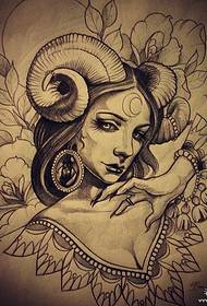 Manoscritto del modello del tatuaggio della ragazza di fiore delle corna europee ed americane