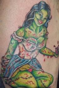 Kojų spalvos kruvinos zombių merginos tatuiruotės modelis