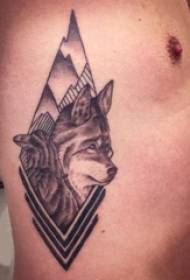 Boys side waist on black gray sketch point thorn trick creative wolf tattoo picture