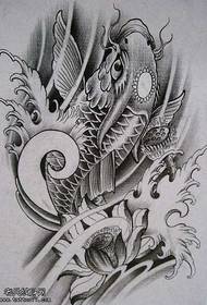Manuscrito, cinza preta, carpa, lótus, tatuagem, padrão