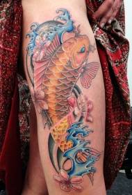 腿顏色可愛的黃金錦鯉魚紋身圖片