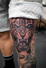 leg realistic tiger and blue eye tattoo pattern