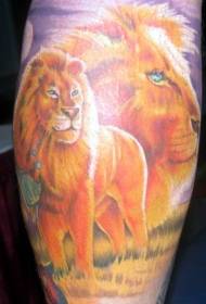 patrón de tatuaje de león y hijo de color de pierna