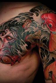punainen kalmari ja demoni yhdistetty väri puoliksi panssari tatuointi malli