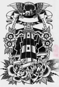 floroj de nigra skizo kreema personeco kaj manuskripto de tatuaje de Eagle Lighthouse